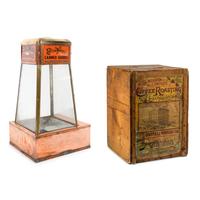 A Dwinell-Wright Co. Coffee Advertising Box, along with a Copper and Brass Colonial Coffee and Lily of the Valley Canned Goods Counter Top Vitrine Display Case