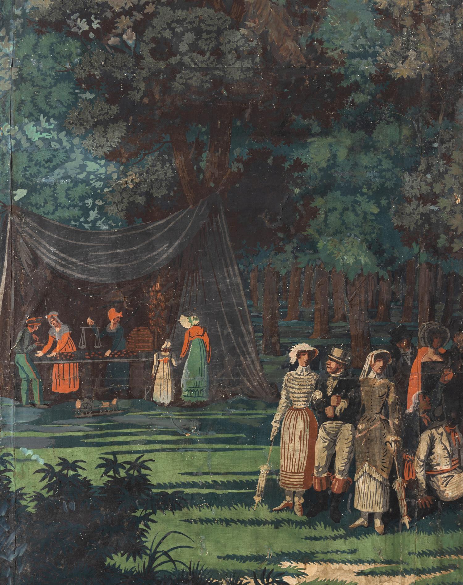A French Hand-Painted Panoramic Wallpaper Mounted on a Six-Panel Screen