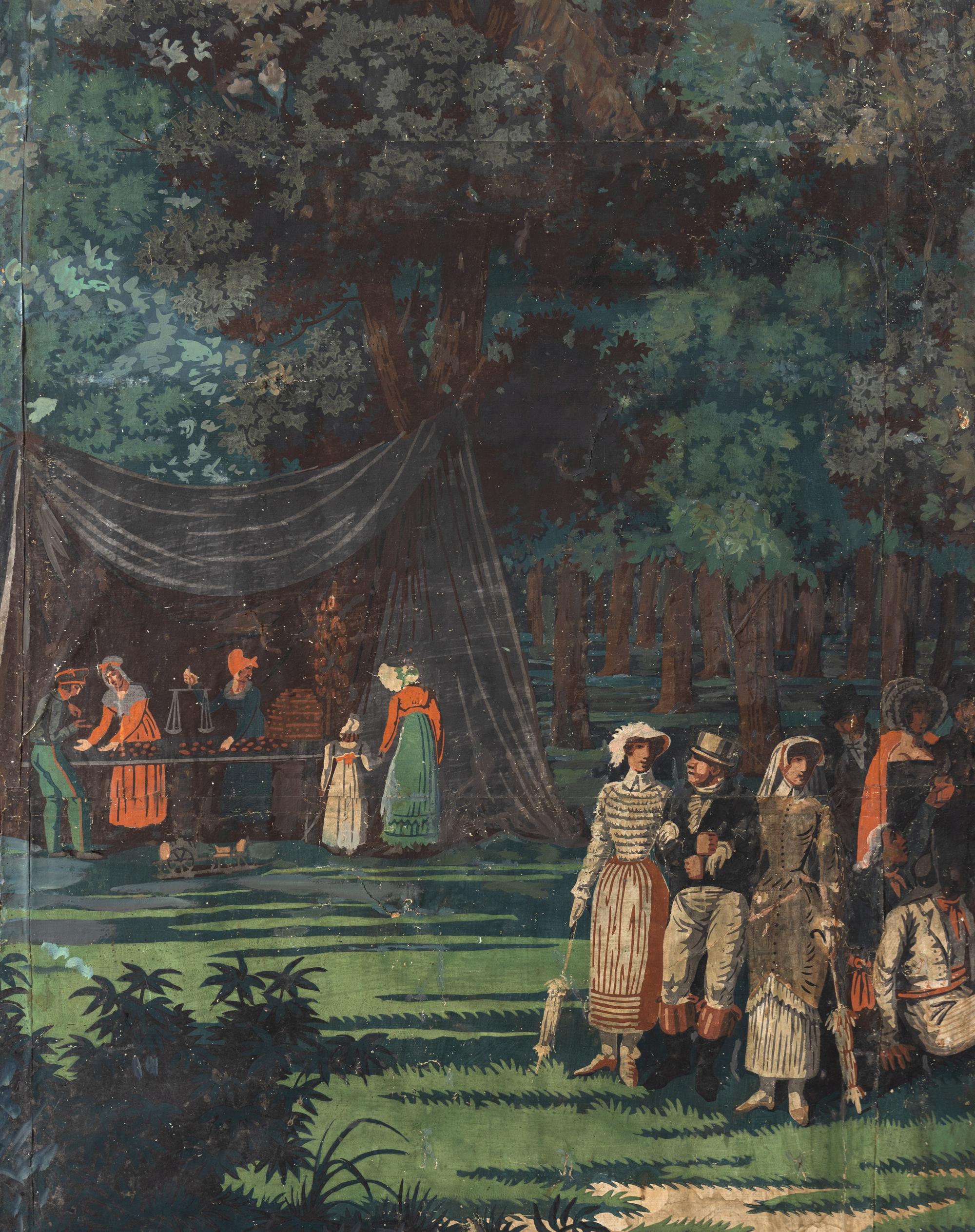 A French Hand-Painted Panoramic Wallpaper Mounted on a Six-Panel Screen