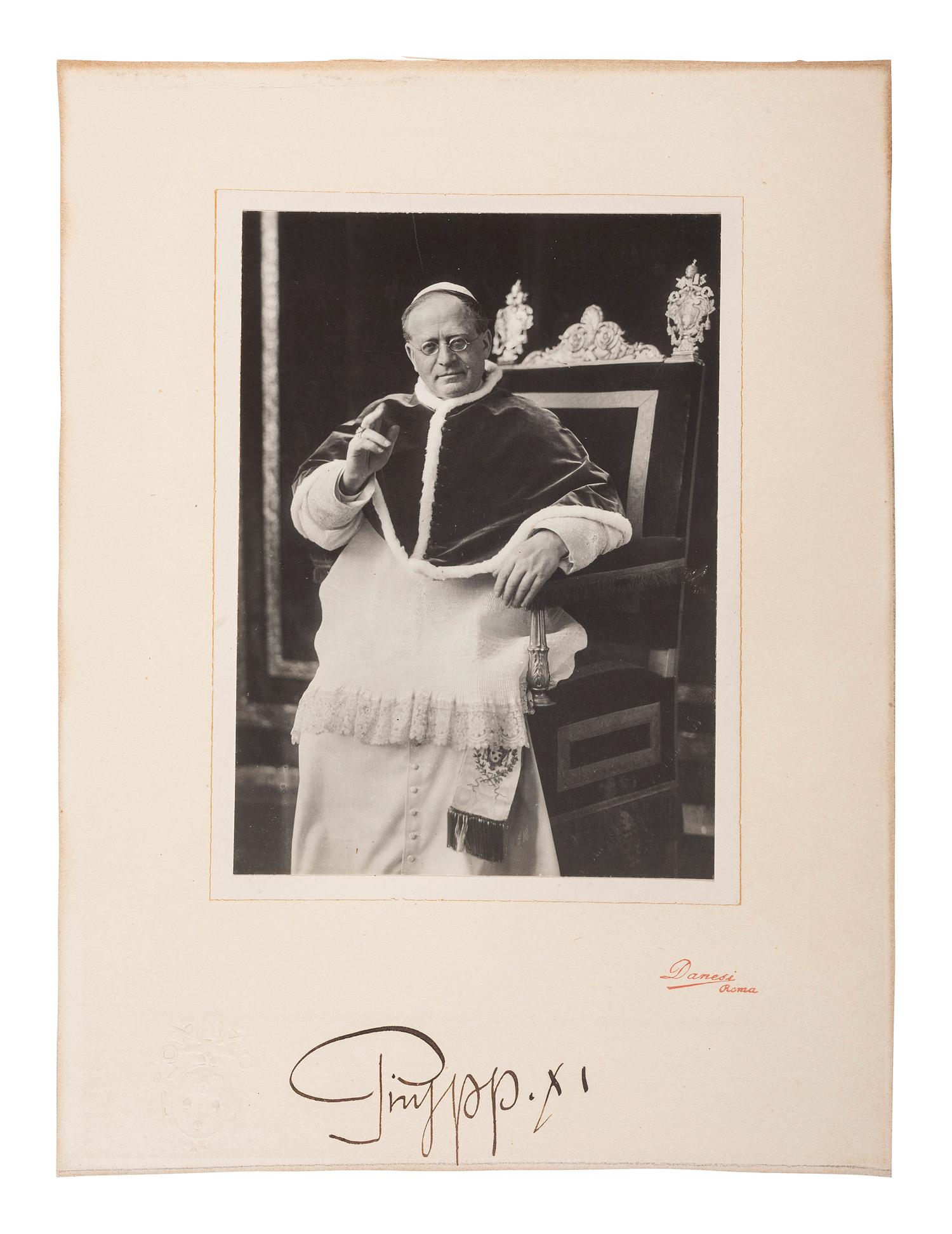 [RELIGION]. PIUS XI, Pope (1857-1939). Photograph signed ("Pius PP. XI"). Rome: Danesi, n.d.
