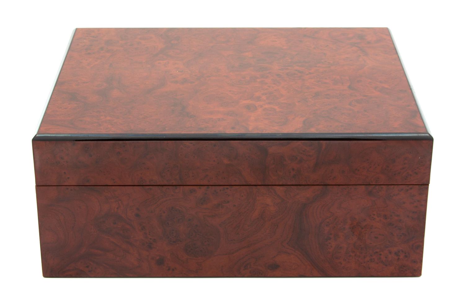 Three Wood Humidors Height of largest 5 1/4 x width 12 1/8 x depth 9 1/8 inches. — 20TH CENTURY