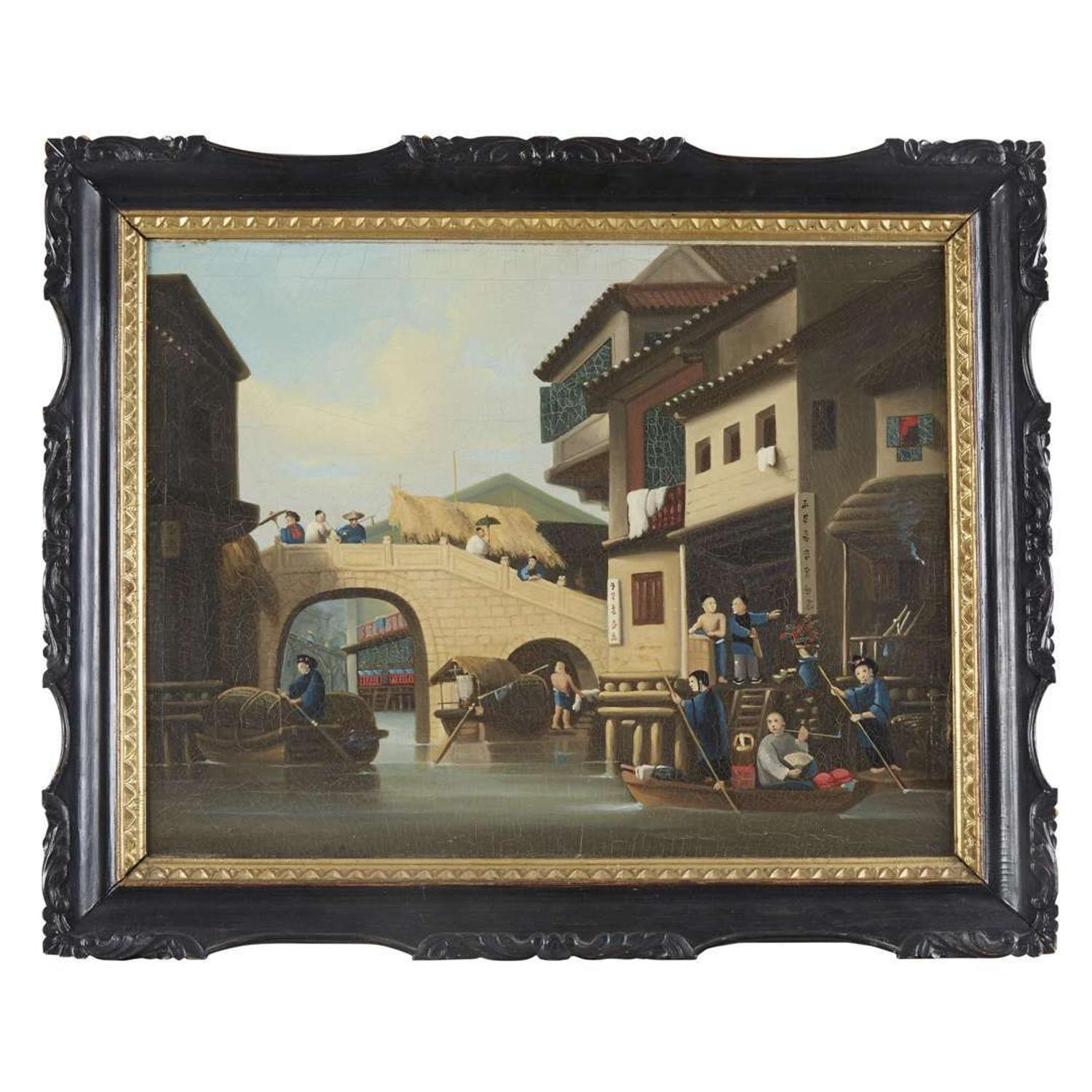 Chinese School 19th century River scene with pedestrians on bridge
