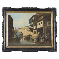 Chinese School 19th century River scene with pedestrians on bridge