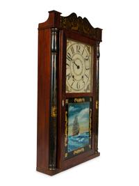 A Federal Mahogany and Reverse Painted Glass Inset Pillar and Scroll Mantle Clock — 19TH CENTURY