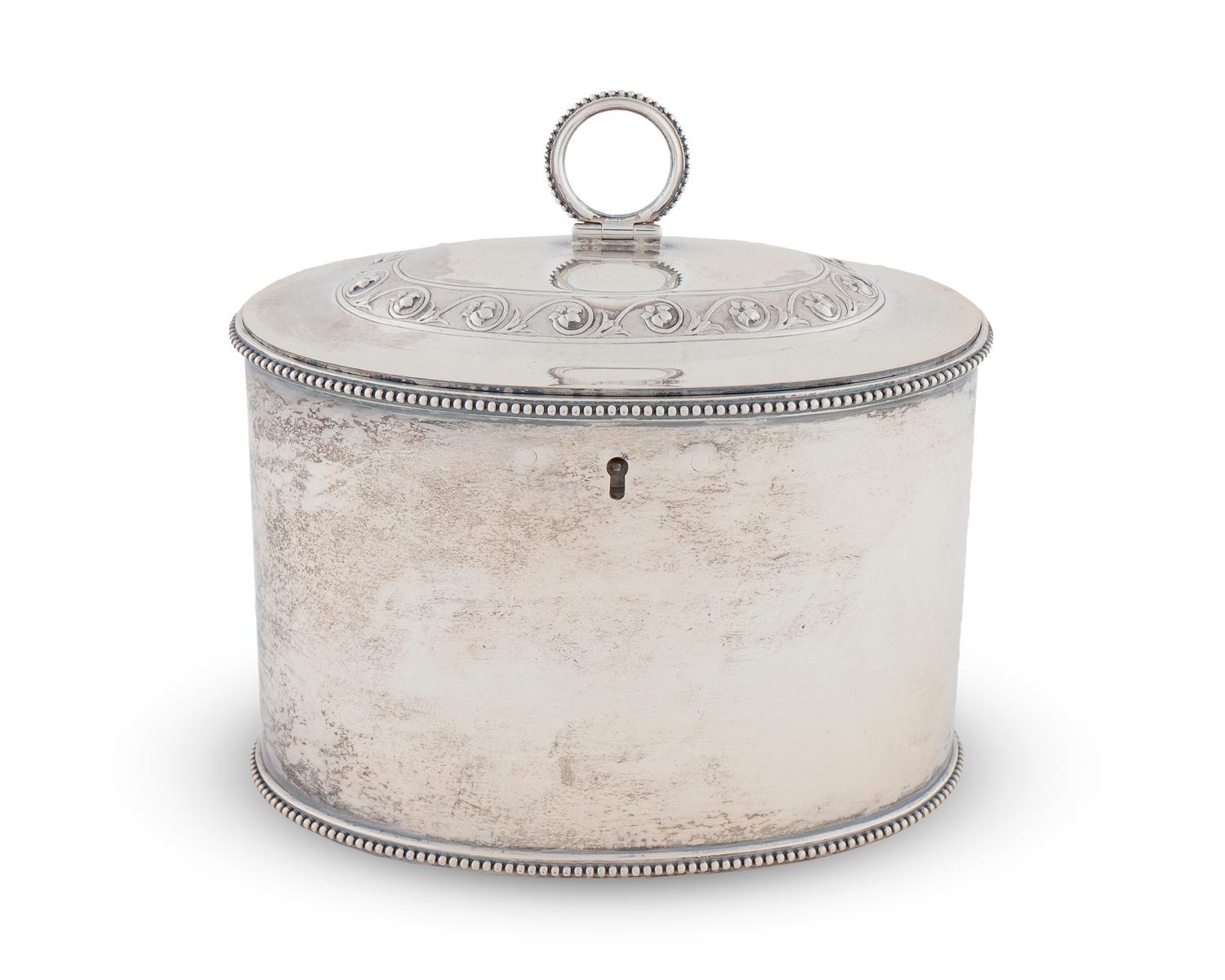 An George III Silver Oval Tea Caddy — Andrew Fogelberg & Stephen Gilbert, London, 1780
