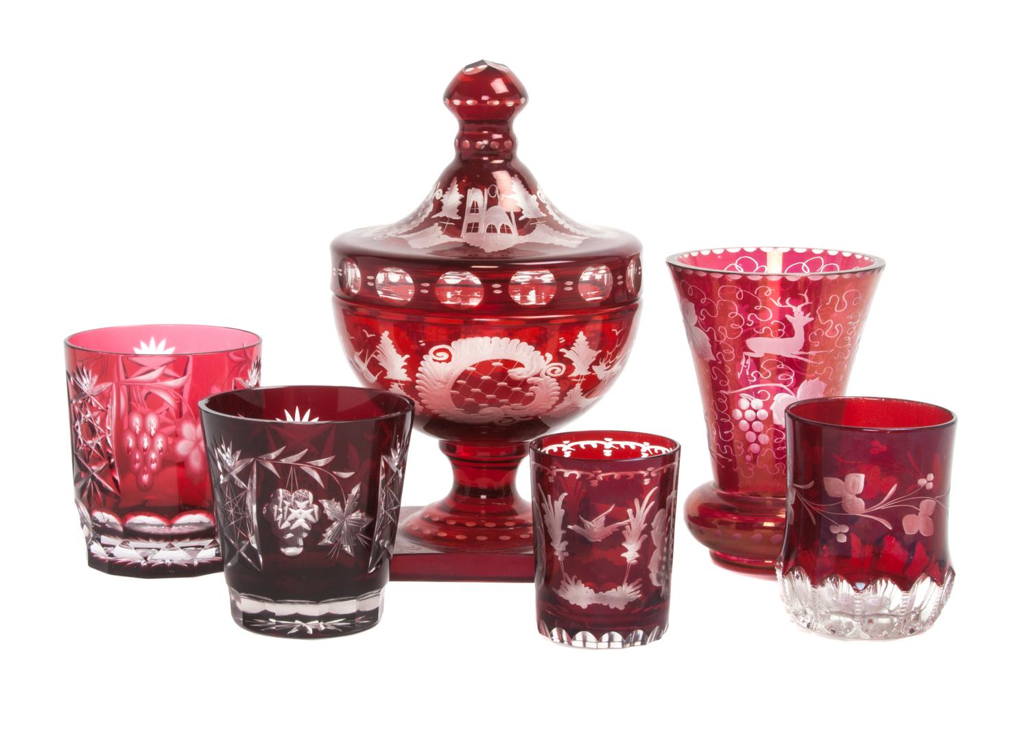 A Collection of Bohemian Ruby Glass Articles Height of tallest 9 3/8 inches.