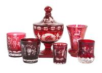 A Collection of Bohemian Ruby Glass Articles Height of tallest 9 3/8 inches.
