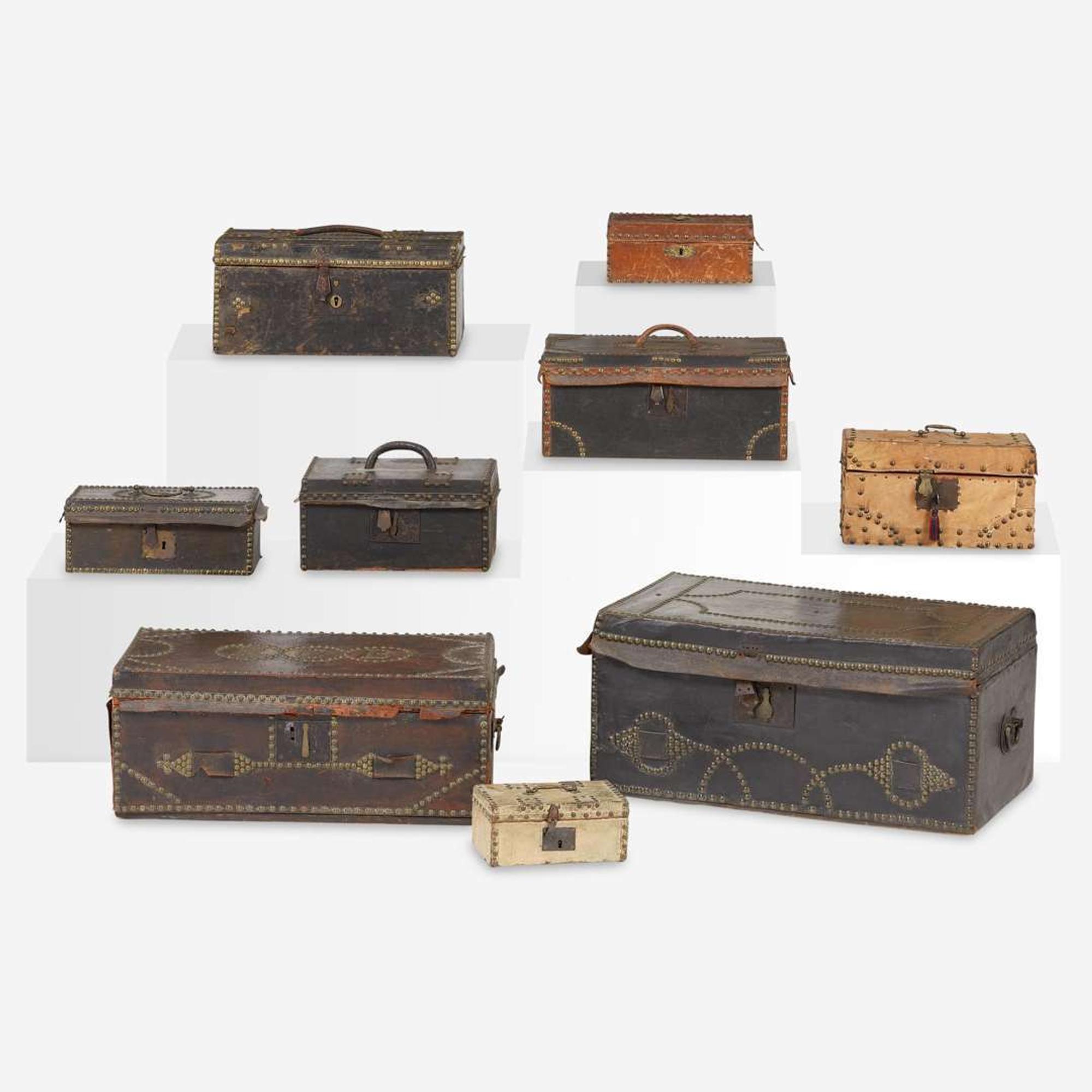 A collection of nine brass-studded leather trunks and boxes Various makers from Philadelphia, PA, and Boston, MA, early 19th century