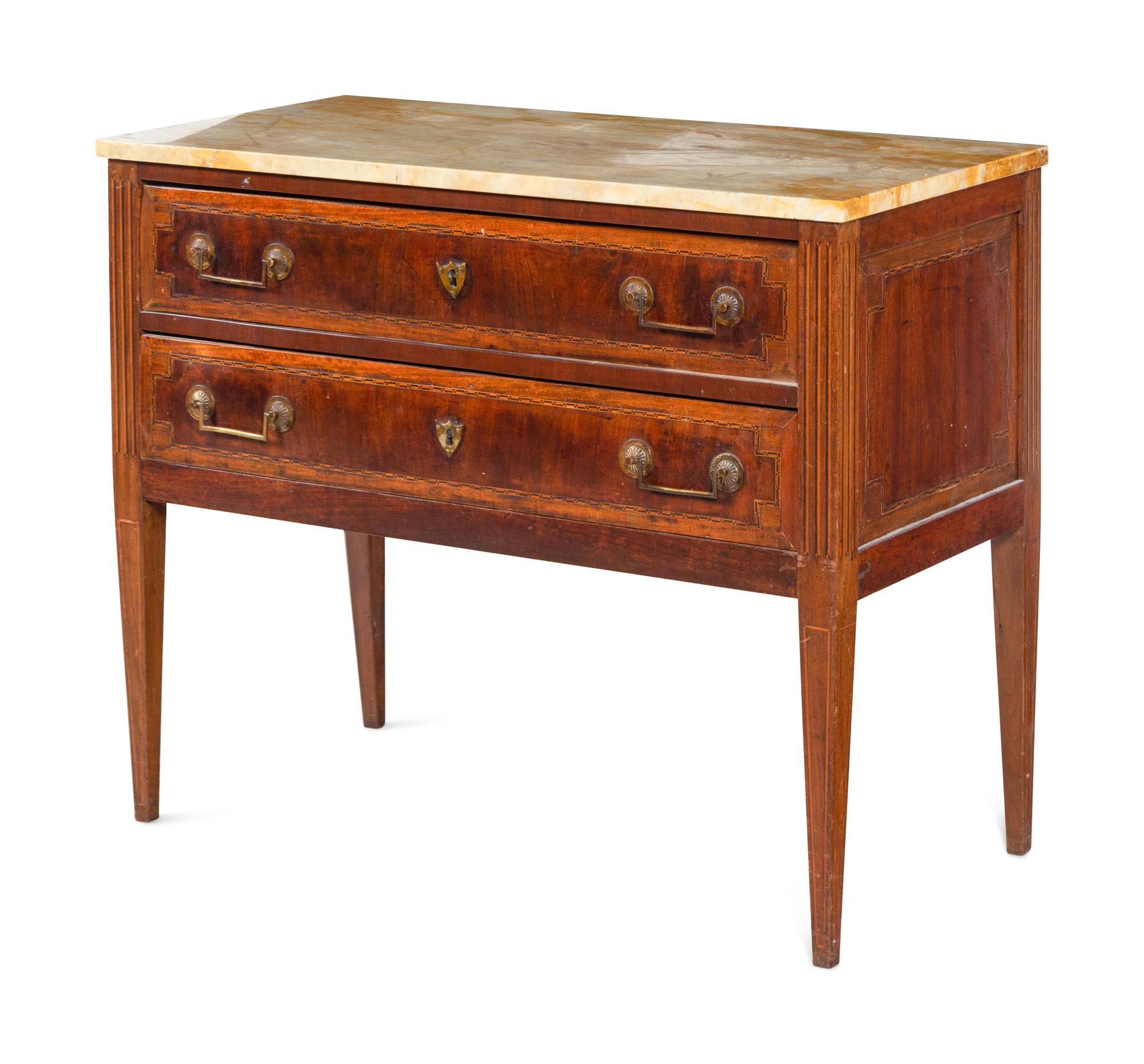 An Italian Mahogany and Marquetry Marble-Top Commode