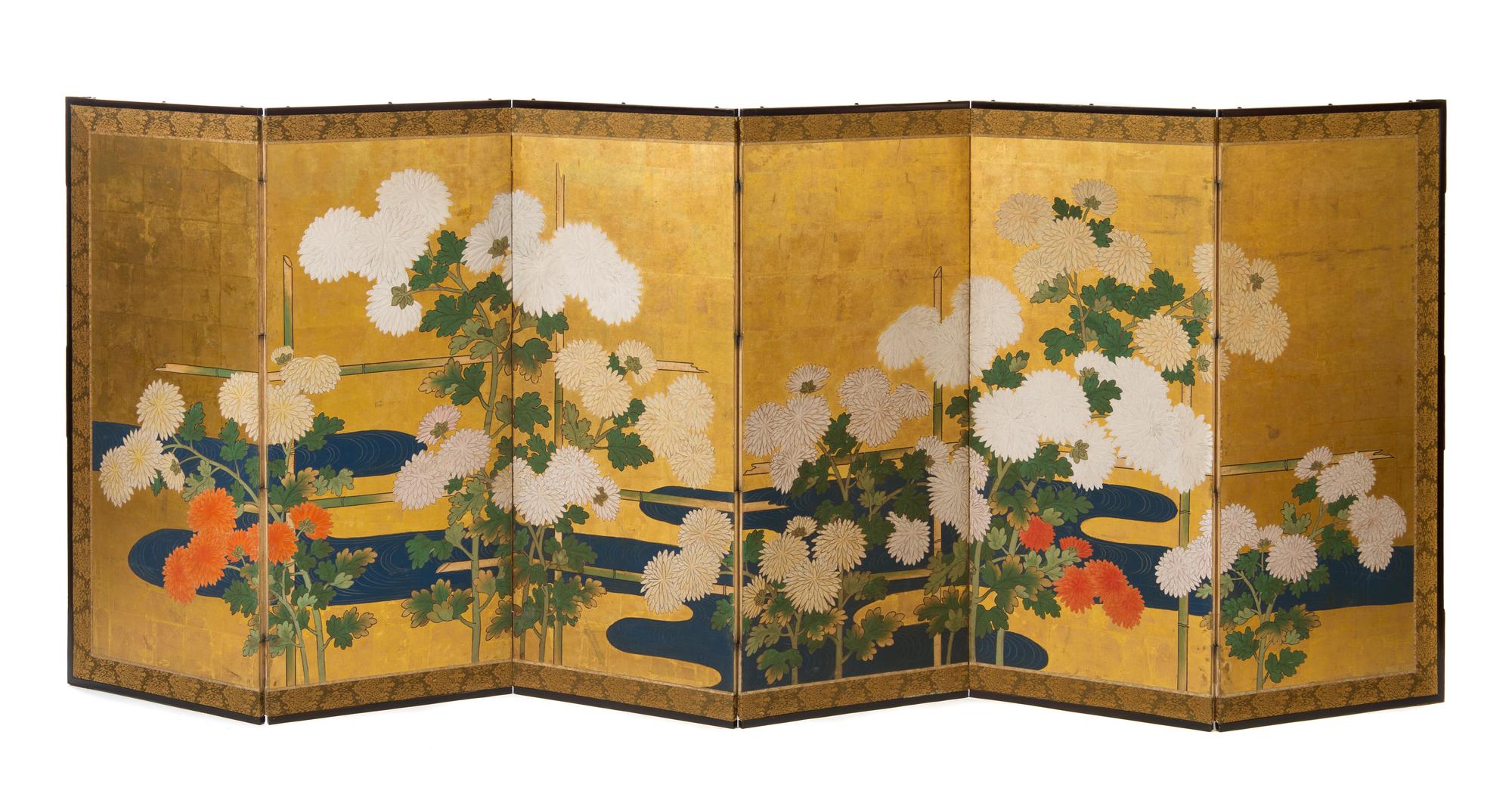 Two Japanese Six-Fold Screens Height of each panel 40 x width 17 inches. — EDO PERIOD, CIRCA 1800