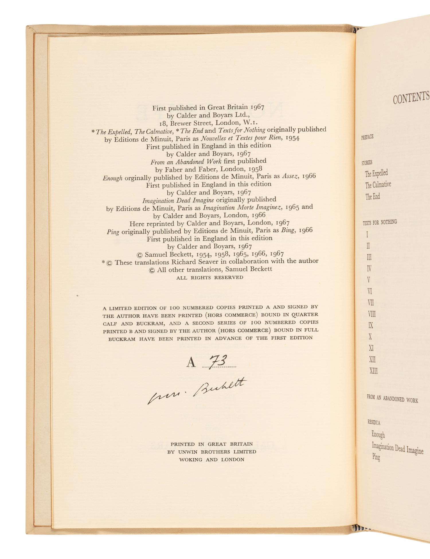 BECKETT, Samuel (1906-1989). No's Knife . London: Calder and Boyars, 1967.