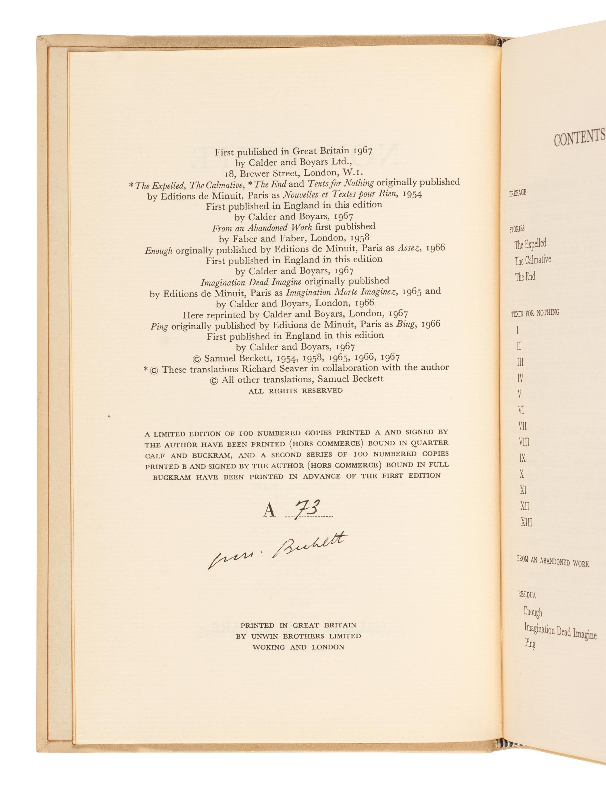 BECKETT, Samuel (1906-1989). No's Knife . London: Calder and Boyars, 1967.