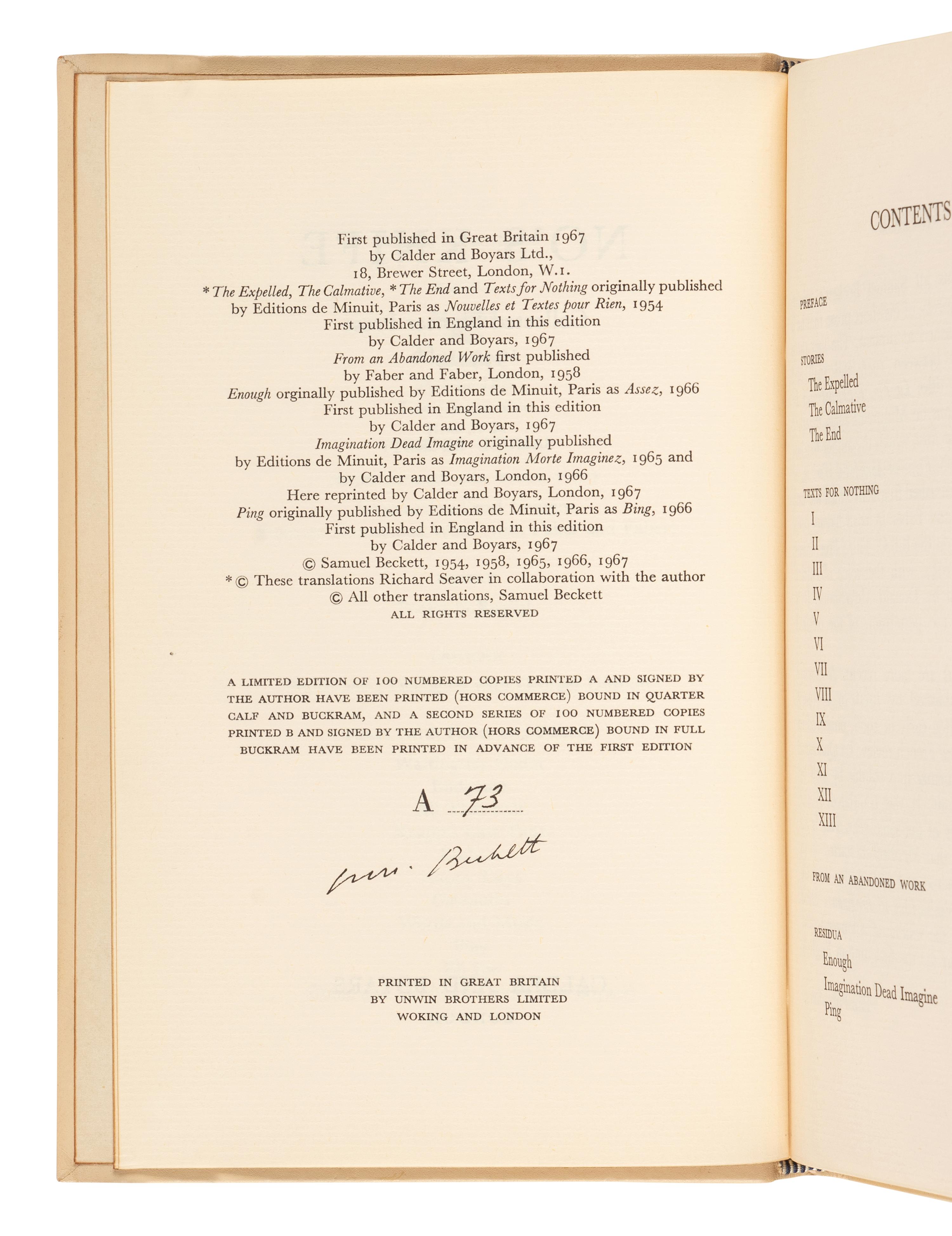 BECKETT, Samuel (1906-1989). No's Knife . London: Calder and Boyars, 1967.