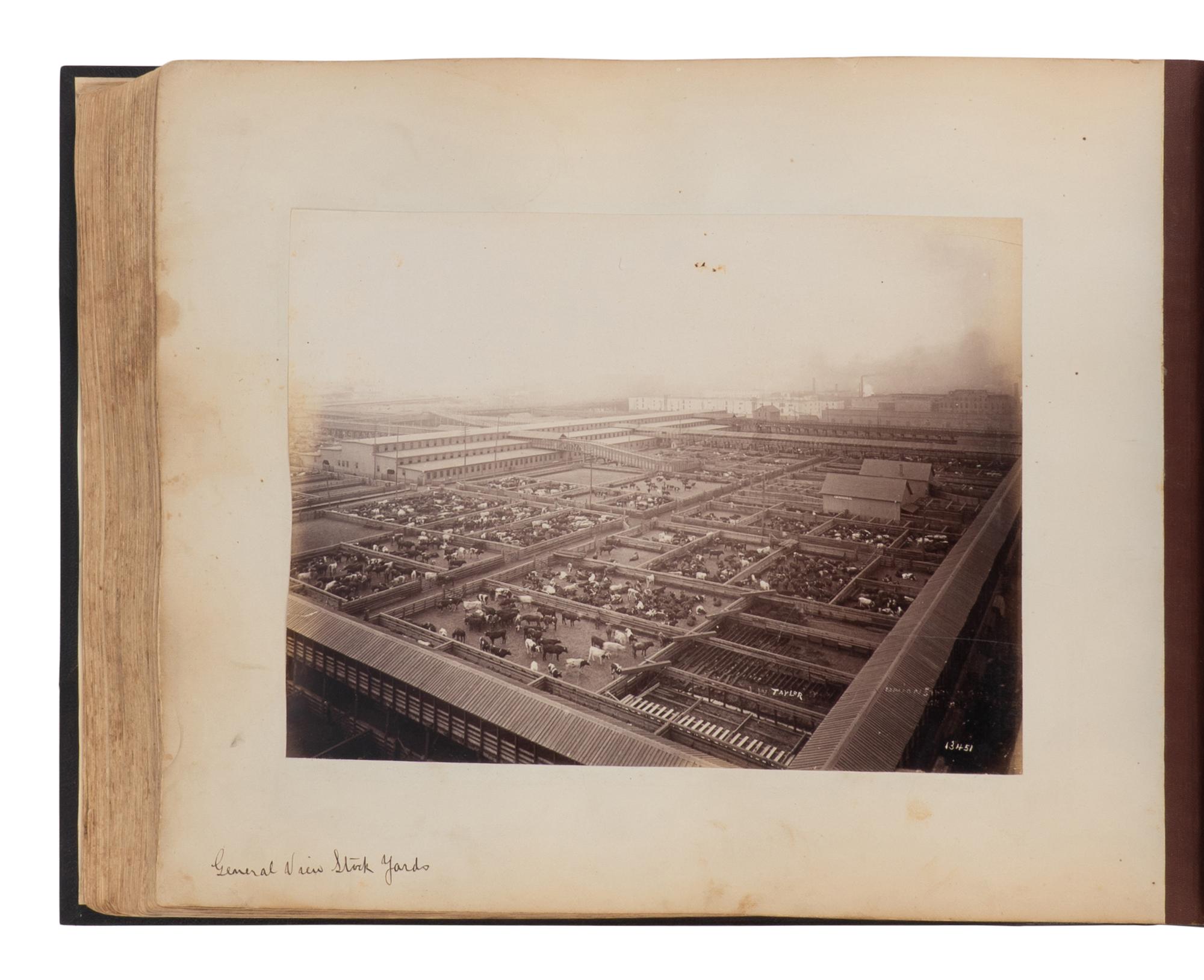 [CHICAGO]. TAYLOR, John W. (1846-1918), photographer. An album containing 154 albumen photographs of Chicago by a noted photographer, including important architectural images, as well as images relating to the preparations for the 1893 World's fair, the stockyards as described by Upton Sinclair, and more. Chicago, ca 1890.