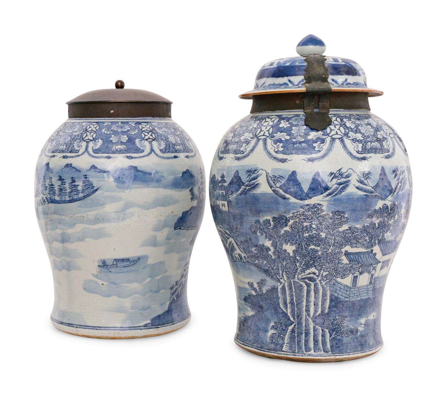 A Pair of Large Canton Export Brass-Mounted Porcelain Jars