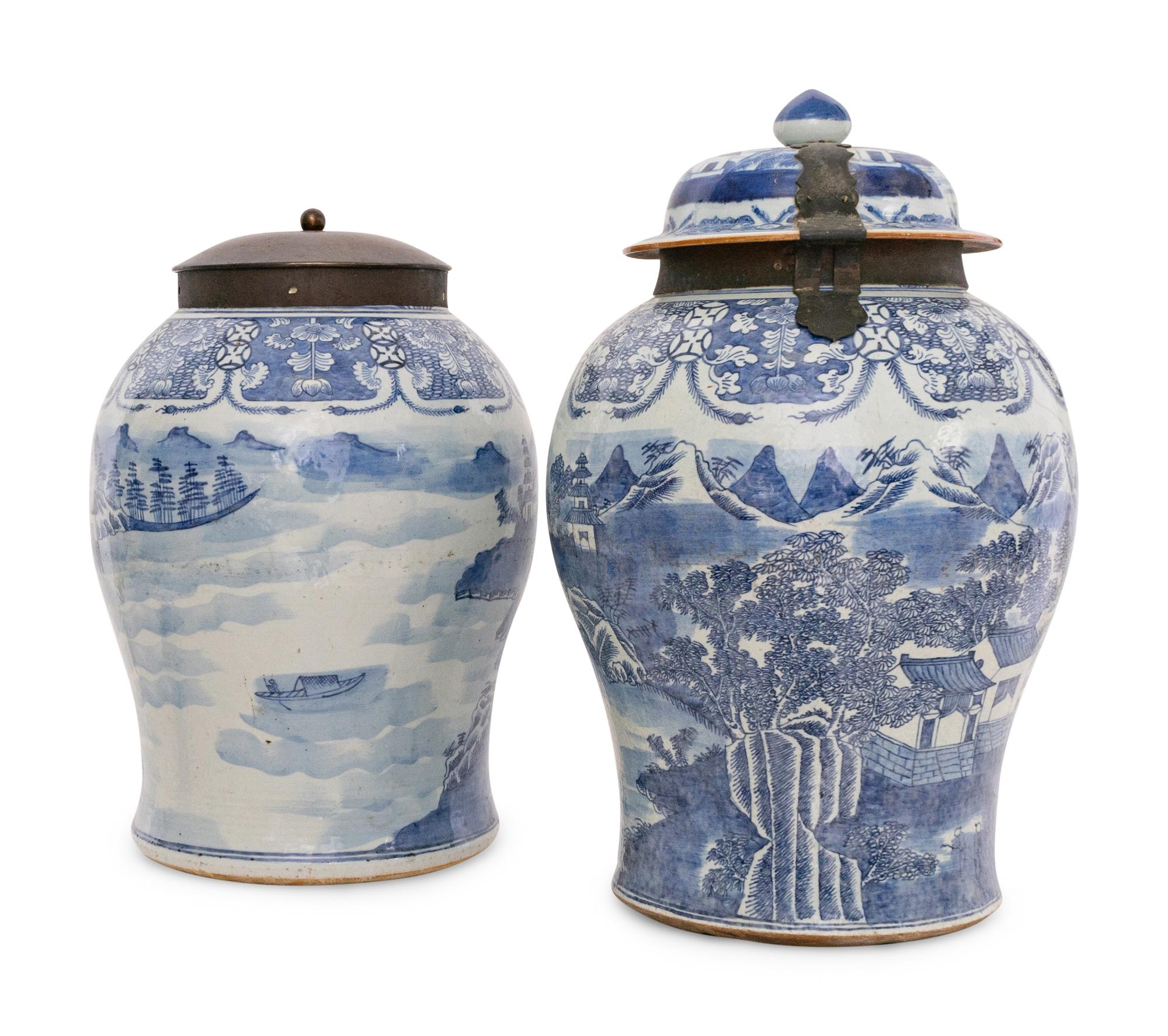 A Pair of Large Canton Export Brass-Mounted Porcelain Jars