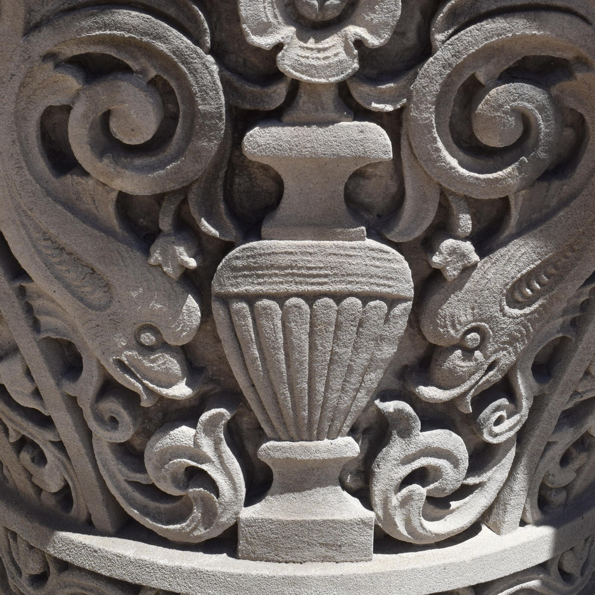 A Pair of American Carved Limestone Capitals 36" W x 25.5" D x 29.5" H — United States, Circa 1920