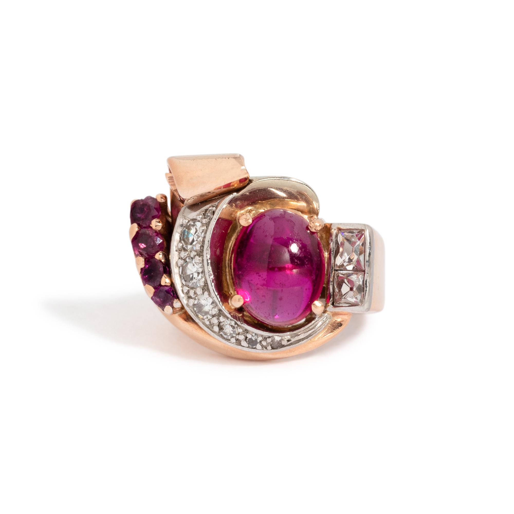 RETRO, SYNTHETIC RUBY, RUBY AND DIAMOND RING