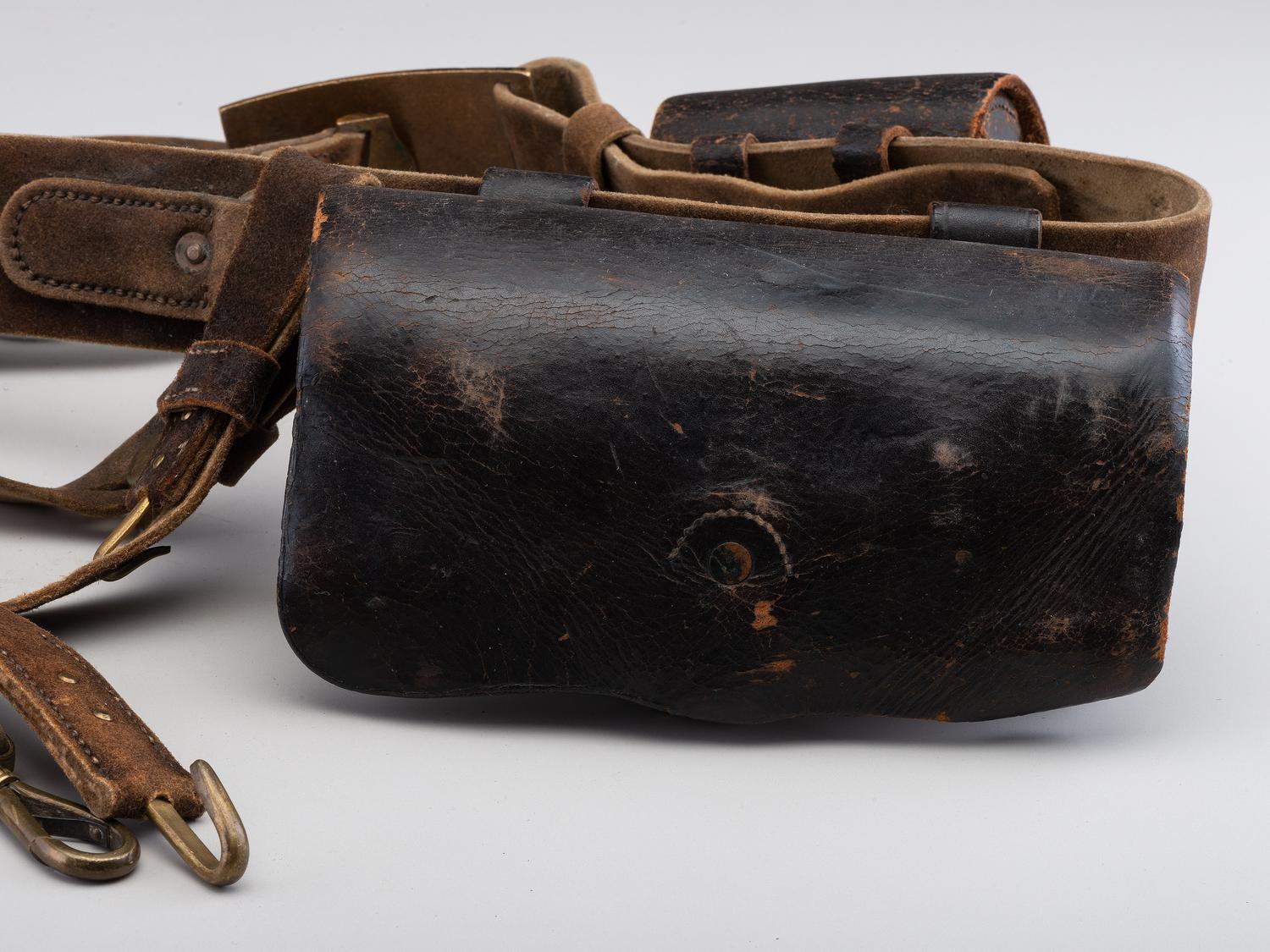 [CIVIL WAR]. Model 1851 cavalry sabre belt by W. Kinsey retaining shoulder strap and equipped with Model 1851 enlisted sword belt plate, maker marked cartridge box, and maker marked cap pouch.