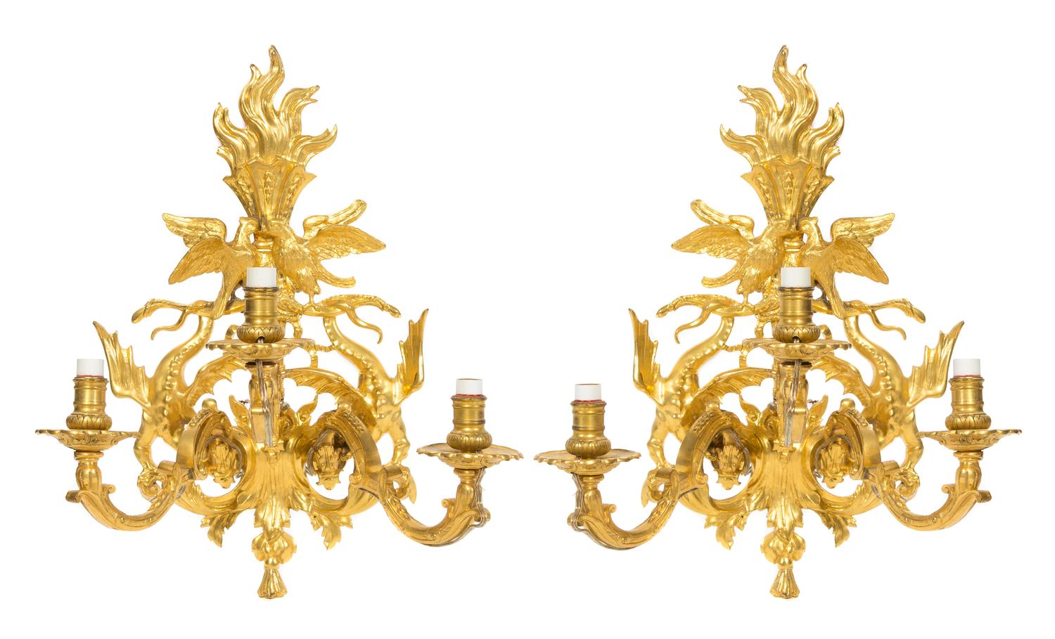 A Pair of Neoclassical Gilt Bronze Three-Light Sconces Height 20 inches.