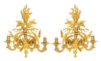 A Pair of Neoclassical Gilt Bronze Three-Light Sconces Height 20 inches.