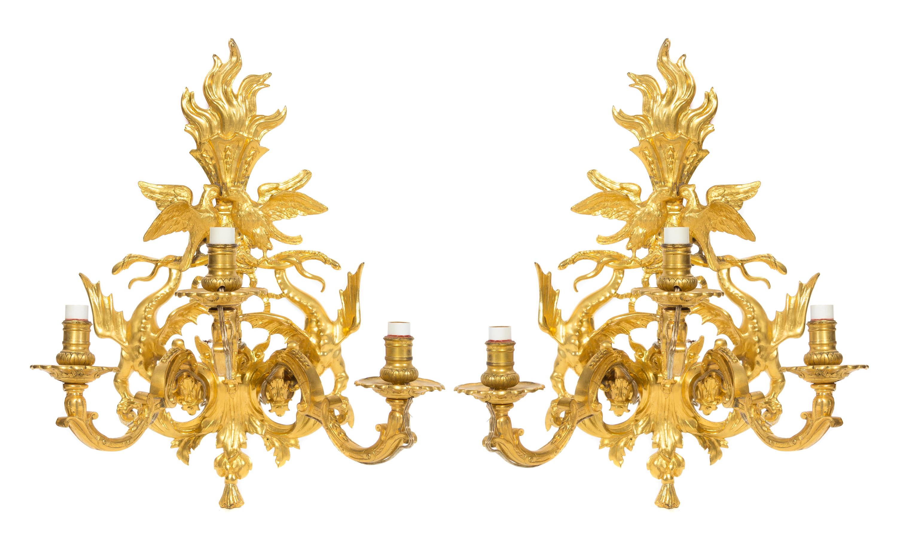A Pair of Neoclassical Gilt Bronze Three-Light Sconces Height 20 inches.