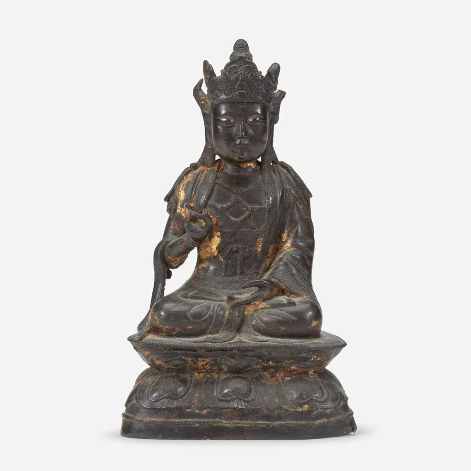 A Chinese lacquered bronze figure of Guanyin 铜加漆观音造像 Ming Dynasty ?