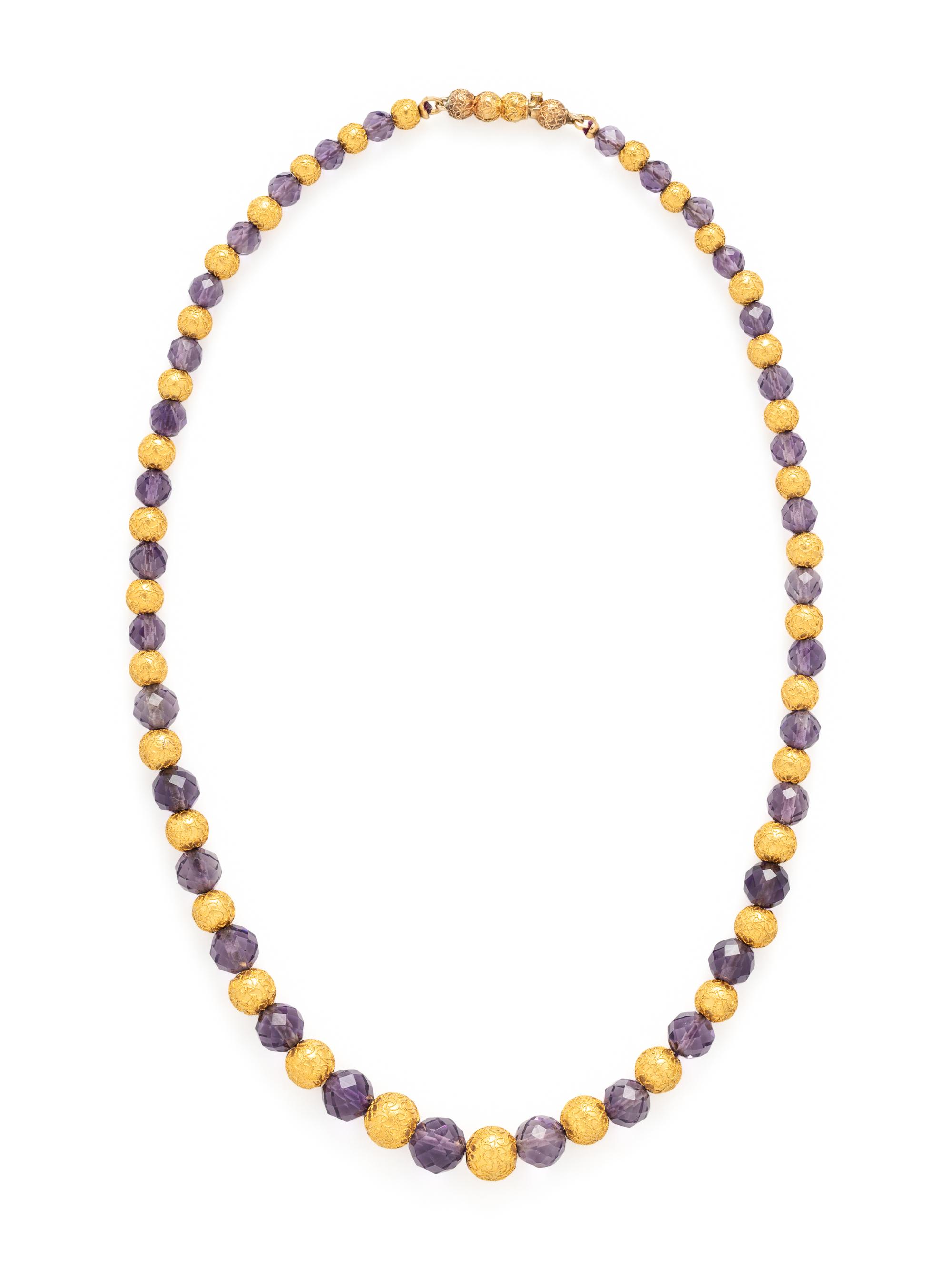VICTORIAN, YELLOW GOLD AND AMETHYST BEAD NECKLACE