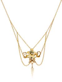 An Art Nouveau Gold, Polychrome Enamel and Pearl Necklace, 3.90 dwts.