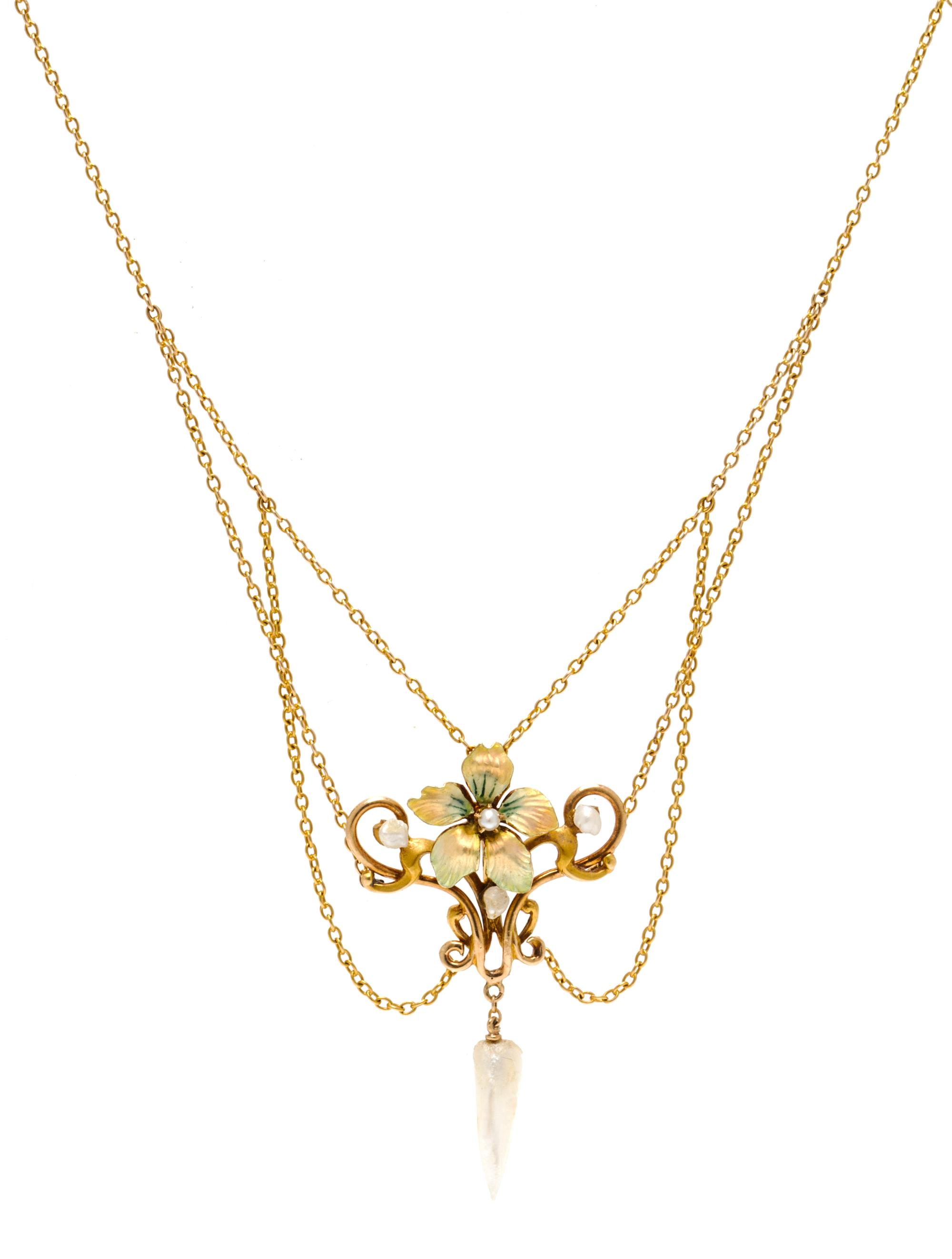 An Art Nouveau Gold, Polychrome Enamel and Pearl Necklace, 3.90 dwts.