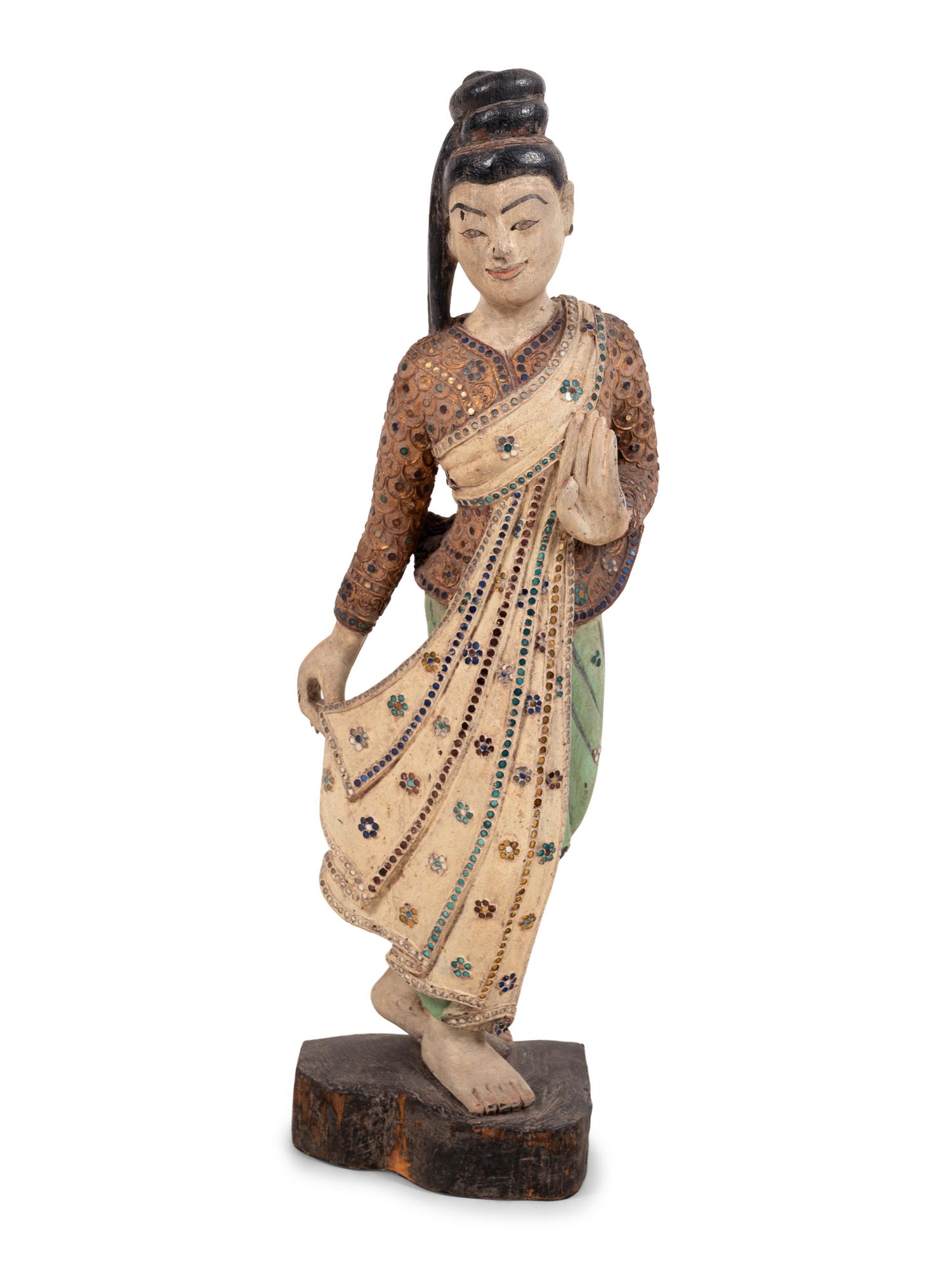A Chinese Mica-Inset Carved and Polychrome Decorated Wood Standing Female Deity