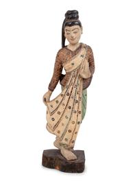 A Chinese Mica-Inset Carved and Polychrome Decorated Wood Standing Female Deity