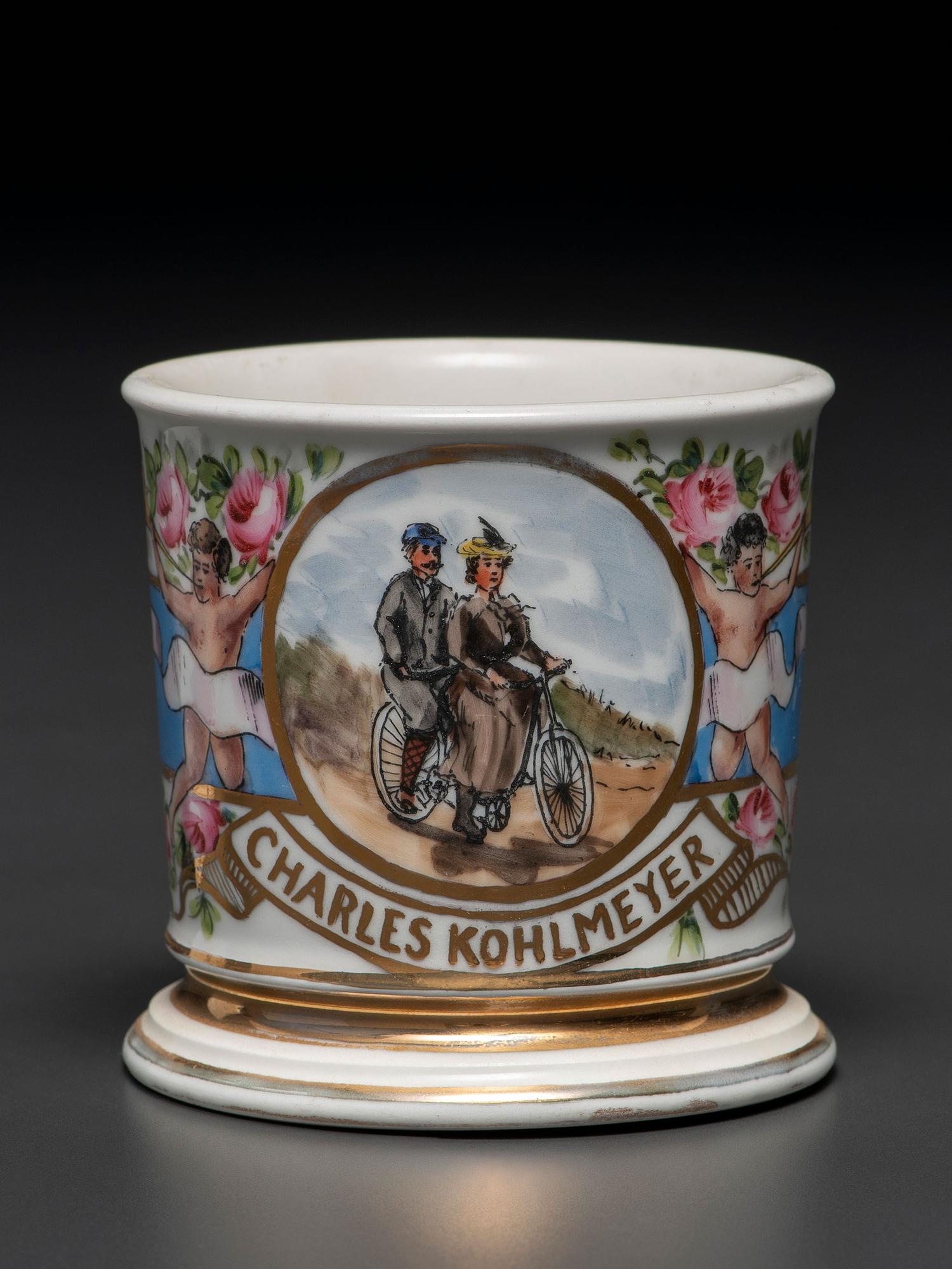 A Porcelain Shaving Mug Depicting a Tandem Bicycle, Possibly Belonging to Charles and Anna Kohlmeyer