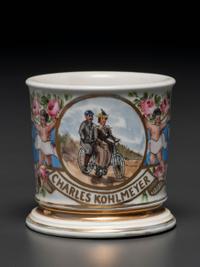 A Porcelain Shaving Mug Depicting a Tandem Bicycle, Possibly Belonging to Charles and Anna Kohlmeyer