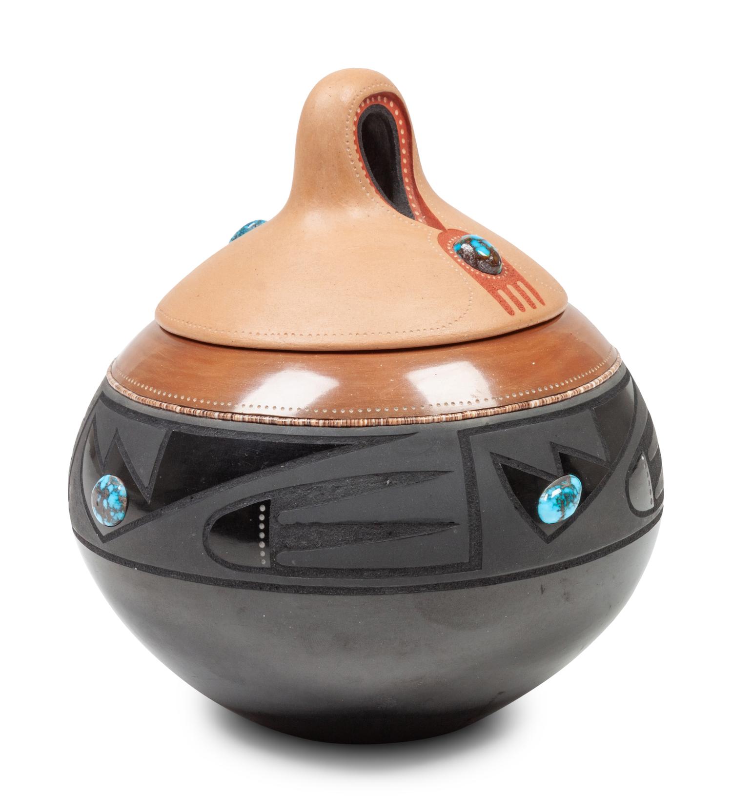 Black and Sienna Lidded Jar, with Turquoise Cabochons