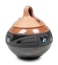 Black and Sienna Lidded Jar, with Turquoise Cabochons