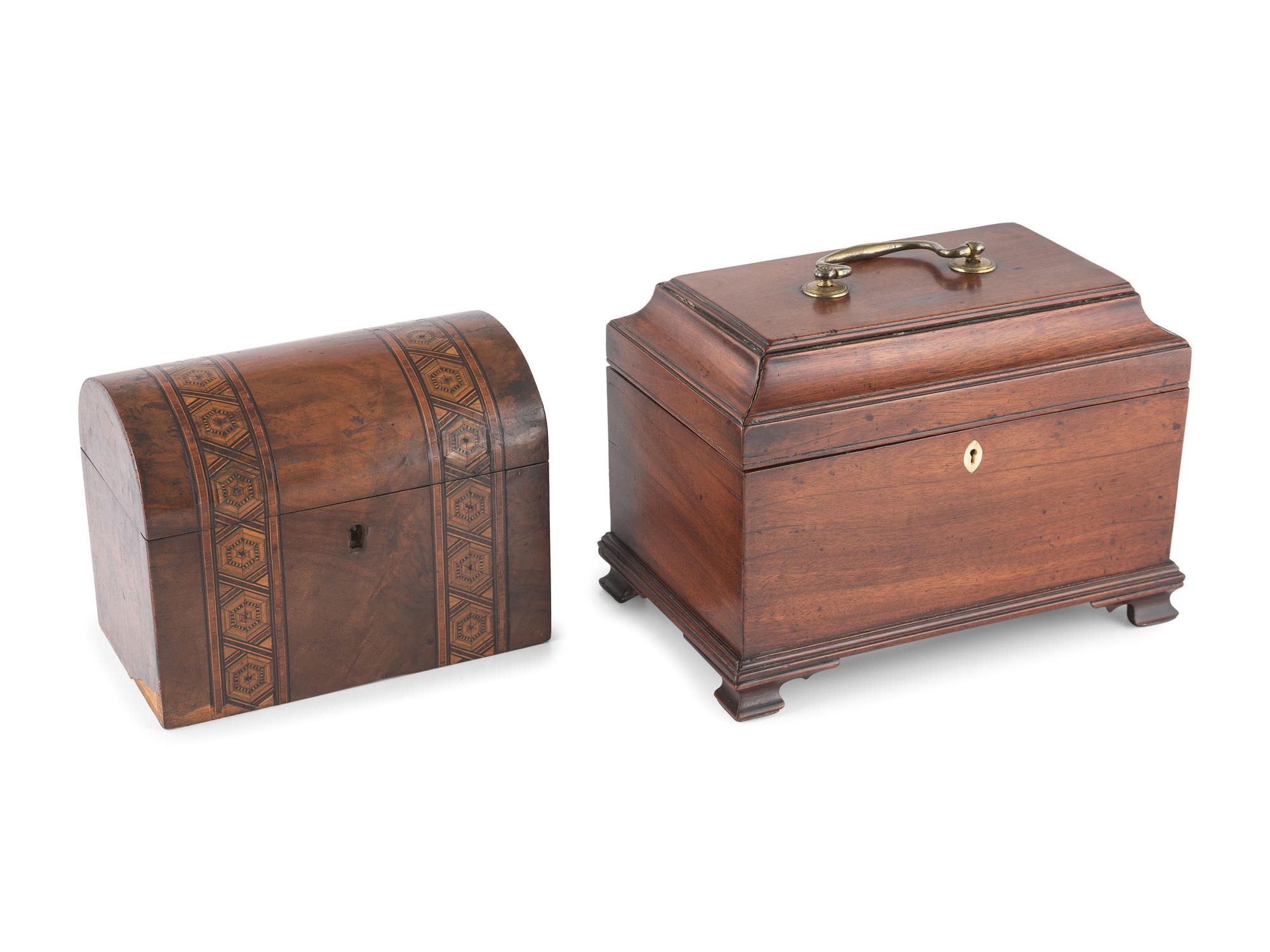 Four English Mahogany Inlaid Tea Caddies