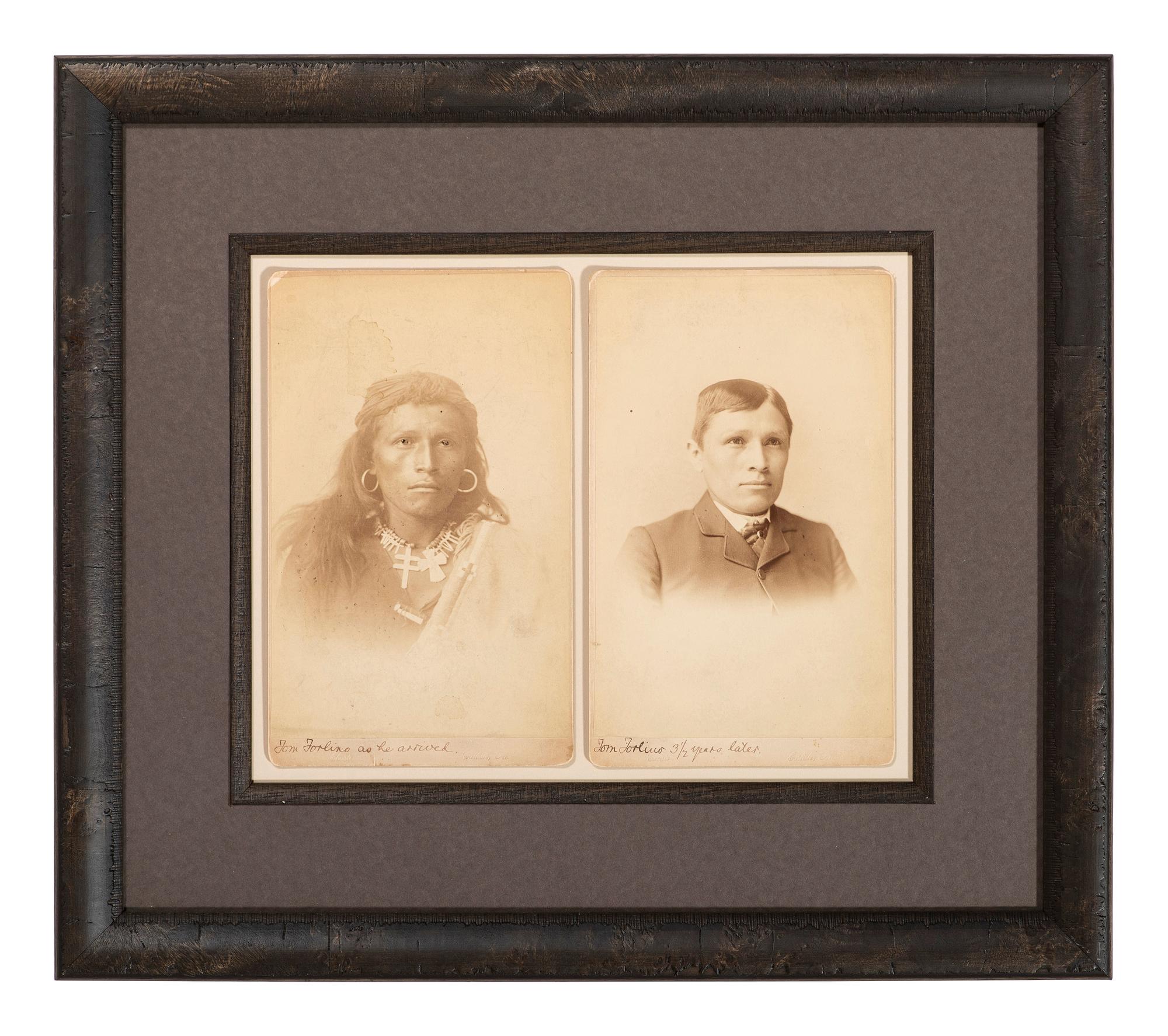 CHOATE, John N. (1848-1902), photographer. A pair of boudoir cards featuring Navajo student Tom Torlino at Carlisle Indian School, before and after. Carlisle, PA, ca 1882-86.