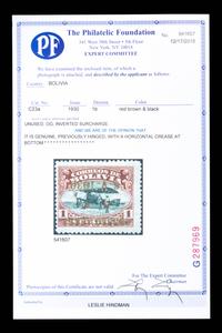 [SURCHARGE ERROR] BOLIVIA. Airmail. 1930. 1b. Red-Brown & Black with Gold Surcharge, (#C23a), Inverted Surcharge
