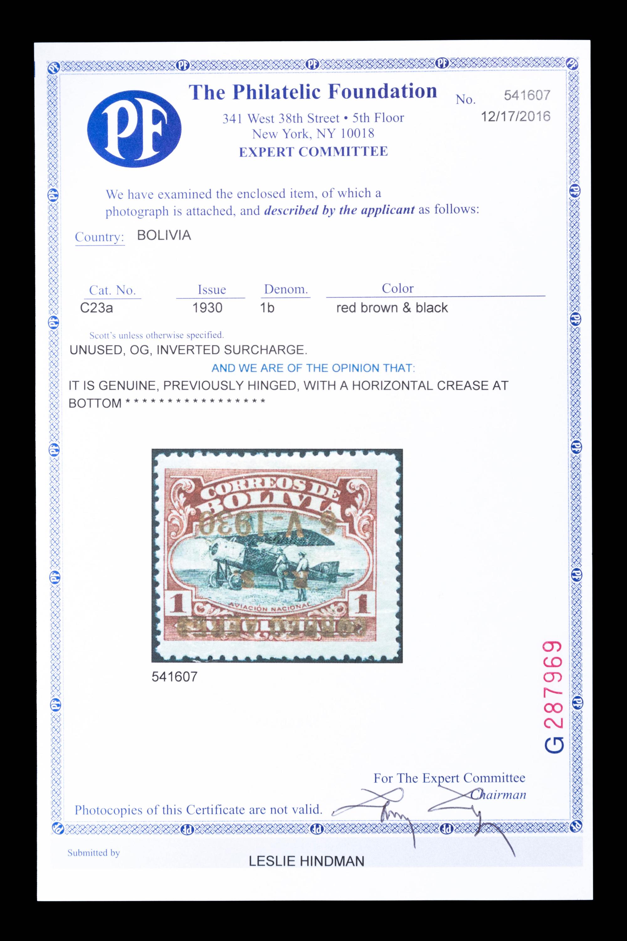 [SURCHARGE ERROR] BOLIVIA. Airmail. 1930. 1b. Red-Brown & Black with Gold Surcharge, (#C23a), Inverted Surcharge