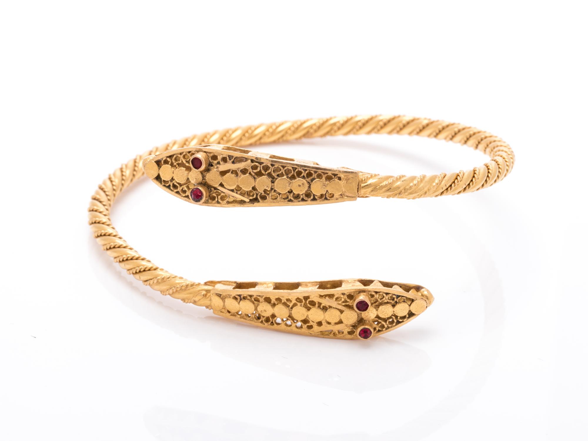 YELLOW GOLD AND GARNET SNAKE CUFF BRACELET