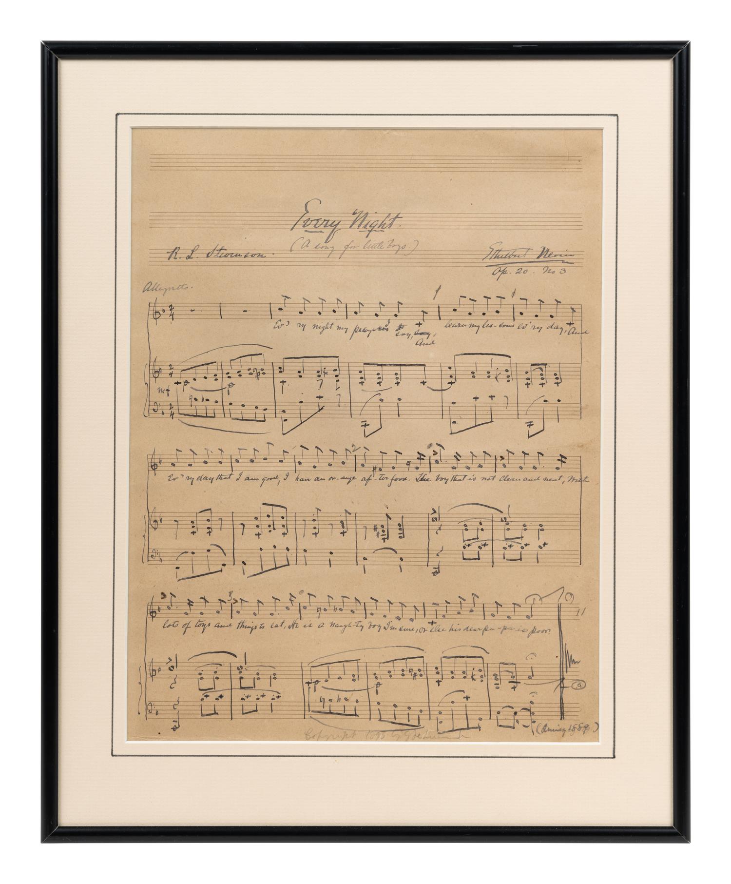 NEVIN, Ethelbert (1862-1901). Autograph musical manuscript, titled "Every Night." Signed below title ("Ethelbert Nevin"), and inscribed by Nevin's wife, Anne Paul Nevin.
