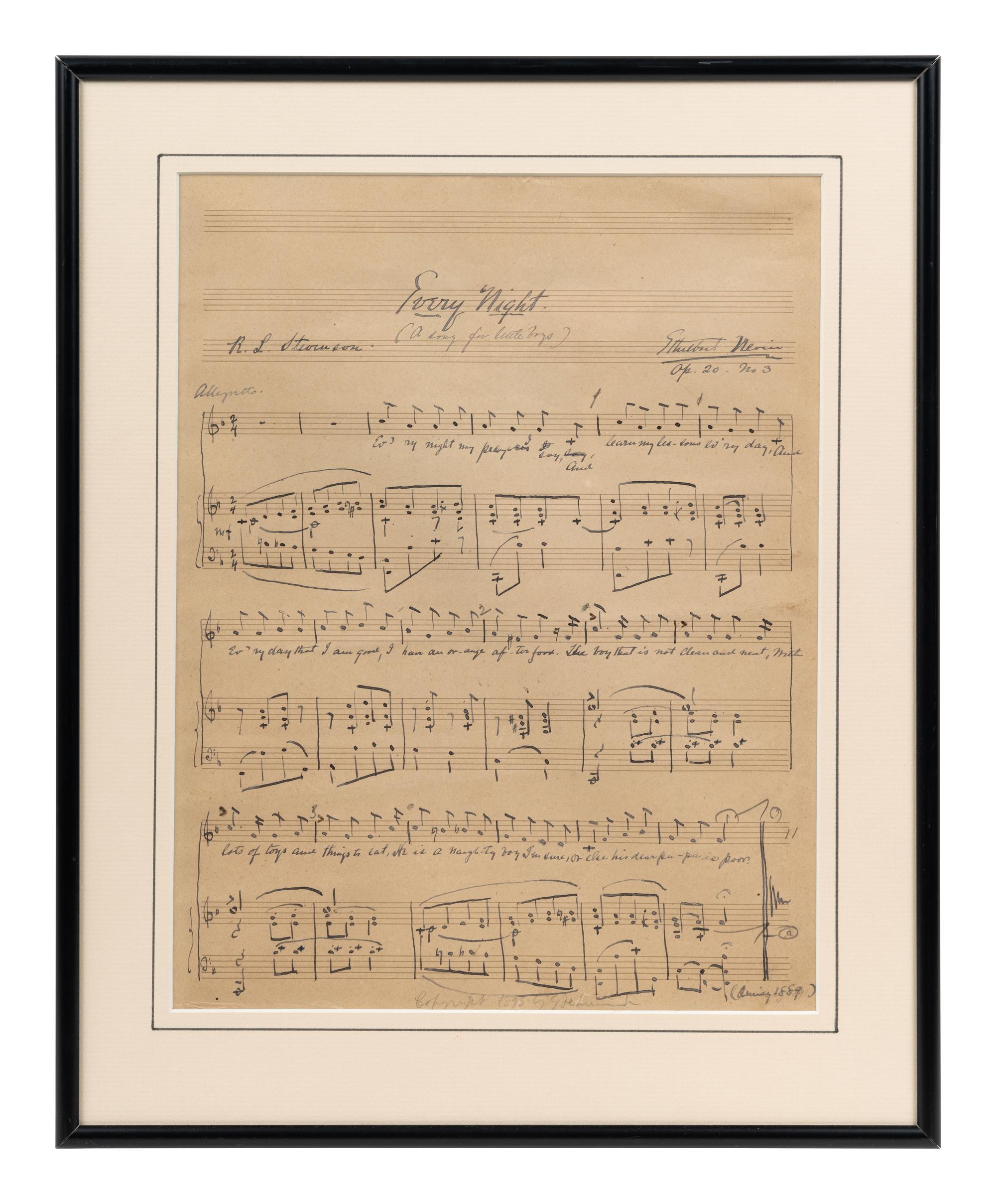 NEVIN, Ethelbert (1862-1901). Autograph musical manuscript, titled "Every Night." Signed below title ("Ethelbert Nevin"), and inscribed by Nevin's wife, Anne Paul Nevin.