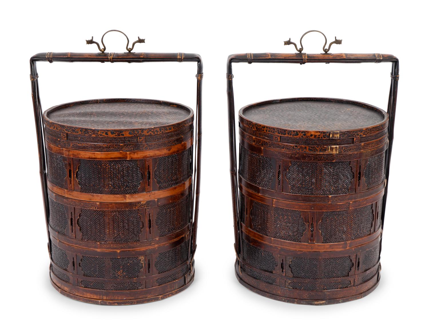 A Pair of Chinese Bamboo Picnic Baskets and Two Lacquer Low Tables — 20TH CENTURY