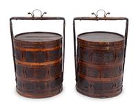 A Pair of Chinese Bamboo Picnic Baskets and Two Lacquer Low Tables — 20TH CENTURY