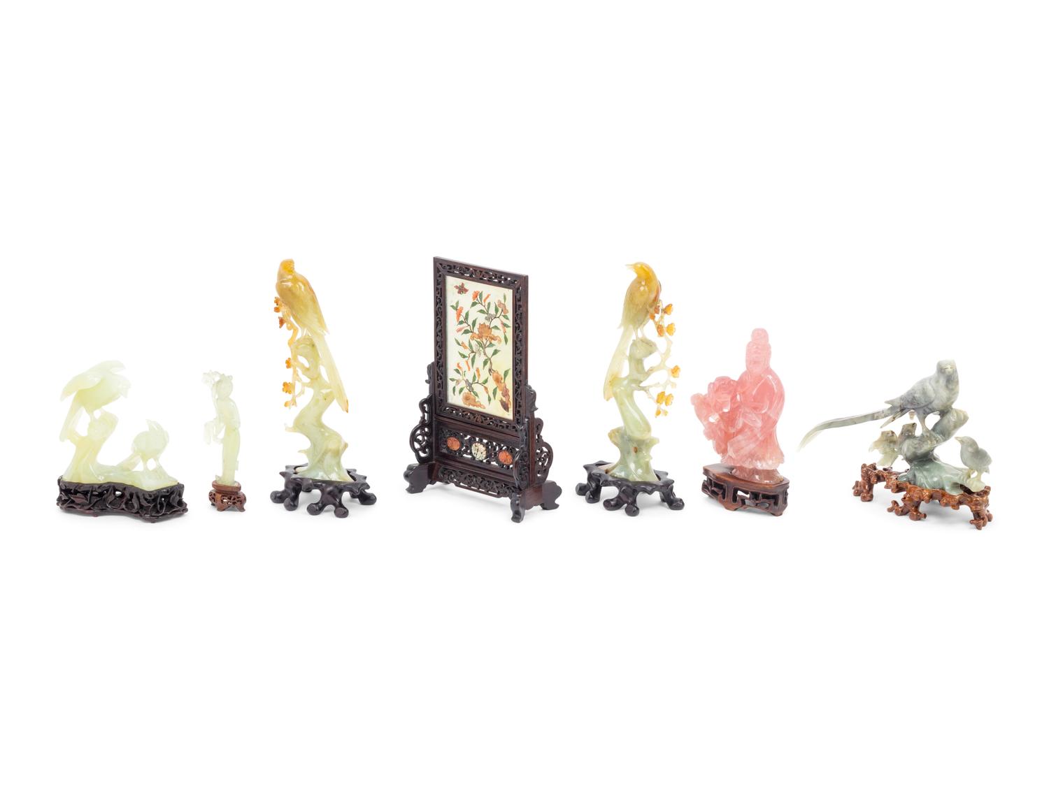 Six Chinese Hardstone Carvings and A Hardstone Embellished Table Screen