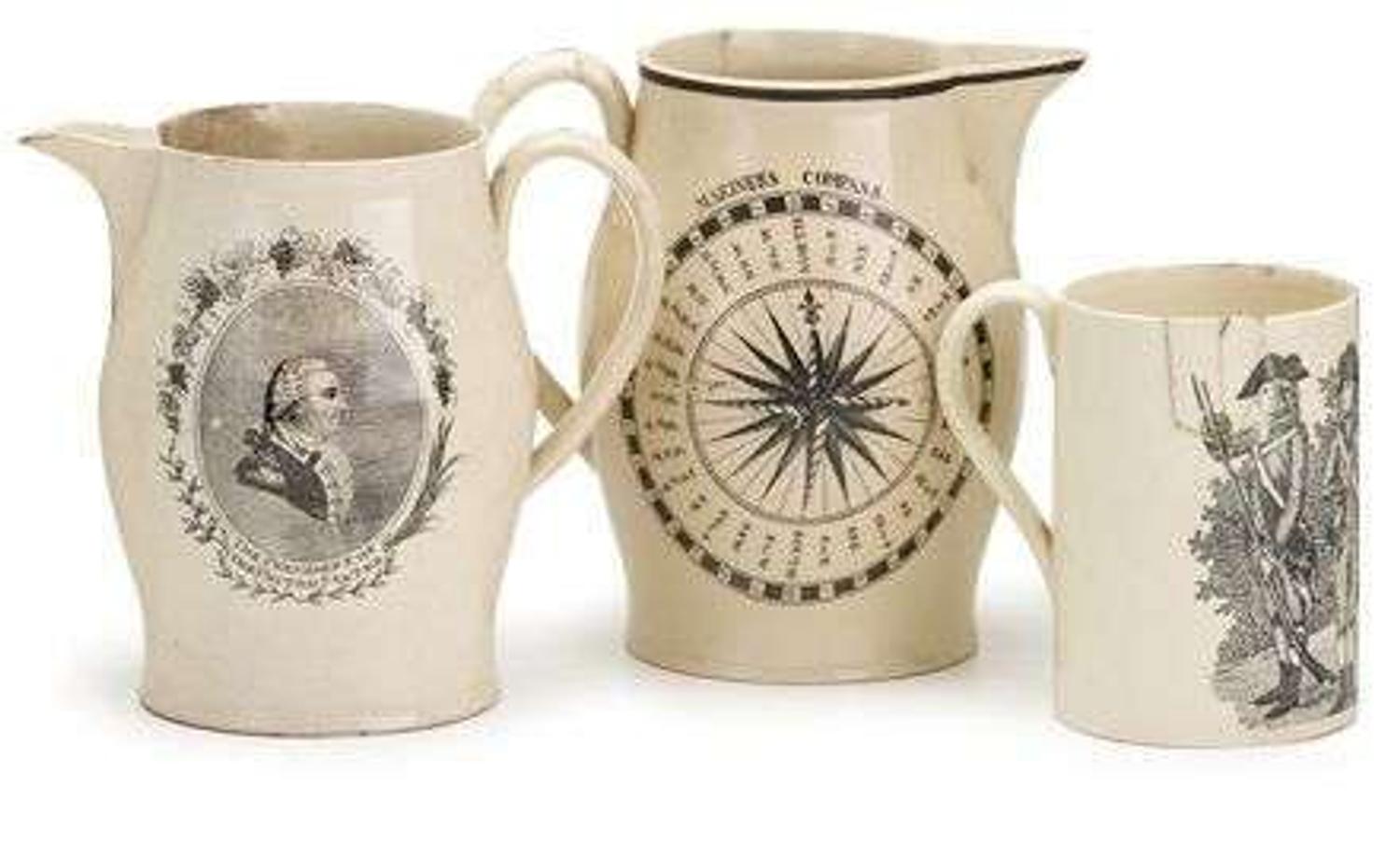 Five transfer-printed Liverpool creamware items early 19th century