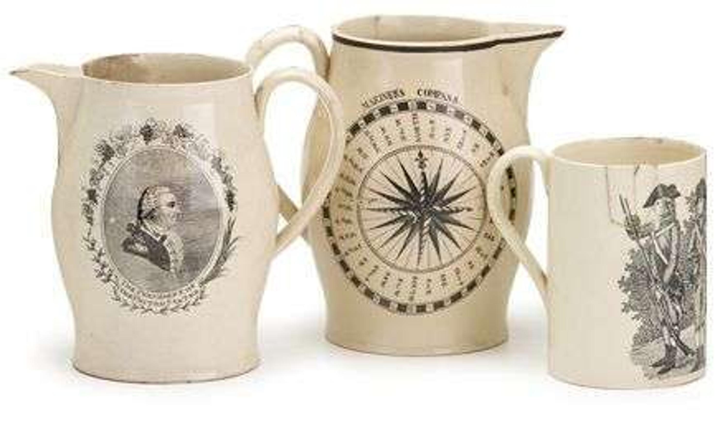 Five transfer-printed Liverpool creamware items early 19th century