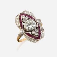 A diamond, ruby, and gold ring