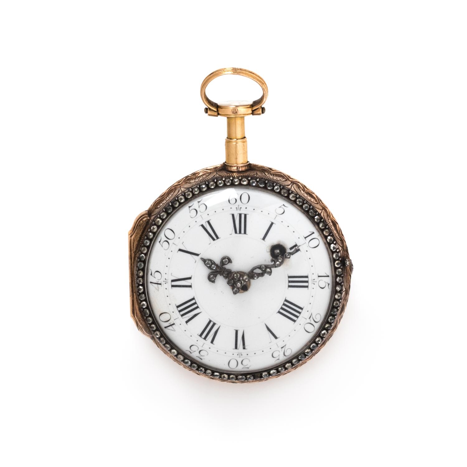GILT-METAL, PASTE AND ENAMEL OPEN FACE POCKET WATCH